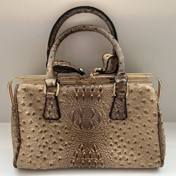 Women's Tan Alligator Skin Leather Top Handle Handbag Purse with Removable Strap - Picture 1 of 15